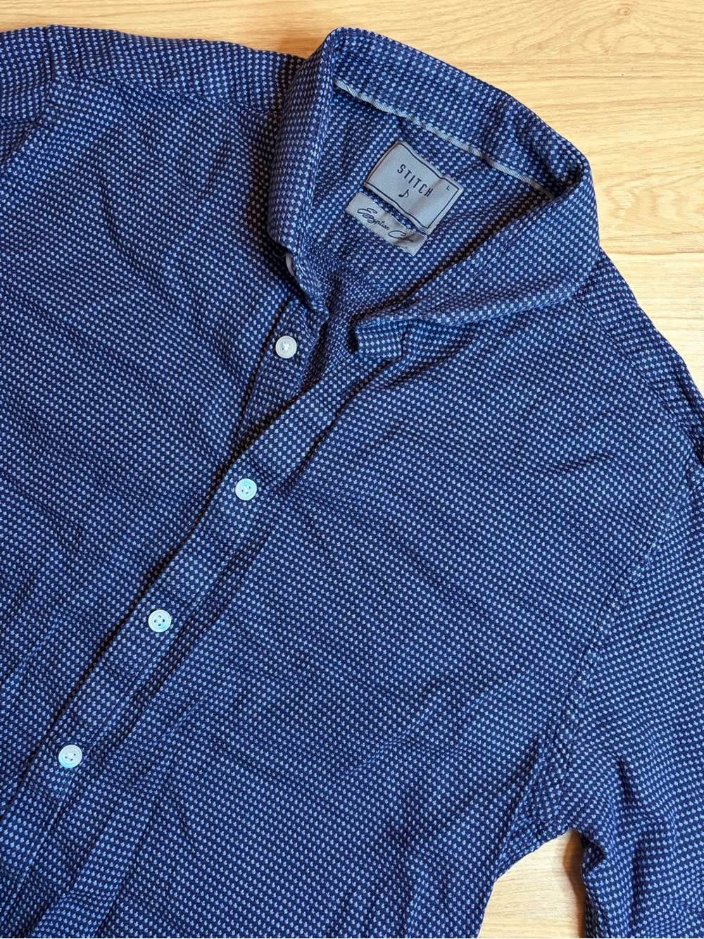 Stitch Navy Blue & White Button-Up Shirt L 100% Egyptian Cotton